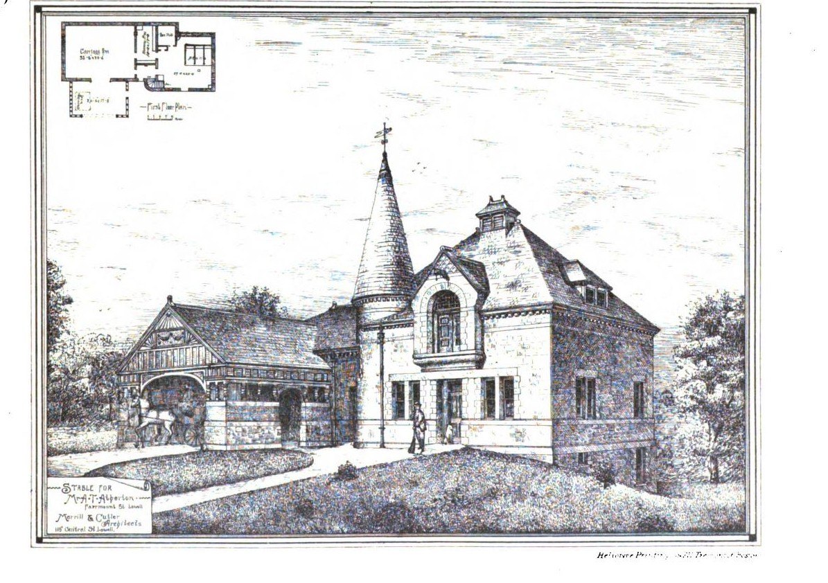 Engraved 1883 elevation and first-floor plan of a stone stable with a round tower under a conical roof and a carriage porch, captioned Stable for Mr A. T. Atherton, Fairmount St, Lowell, Merrill & Cutler Architects