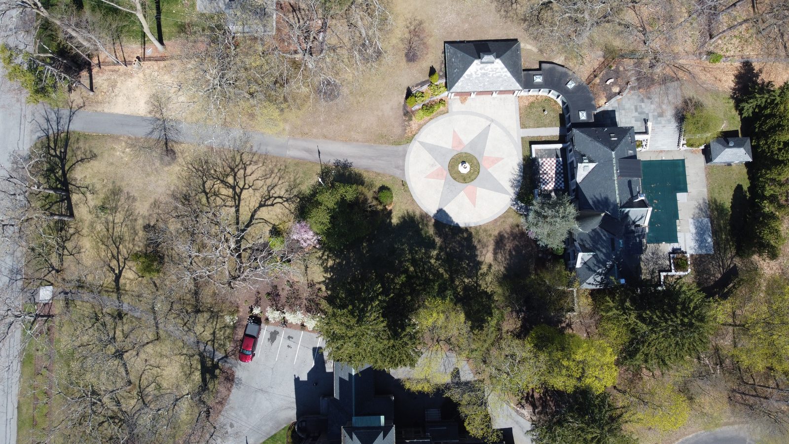 Drone view straight down on the roof and grounds
