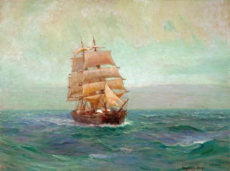 A full-rigged ship under sail on a green sea, with fog on the horizon