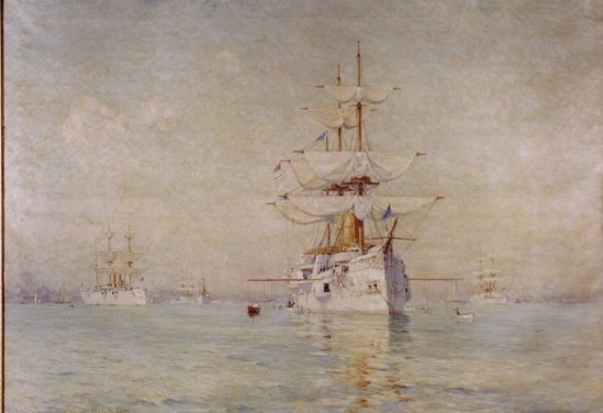 White steam warships of the navy at anchor in a hazy harbor