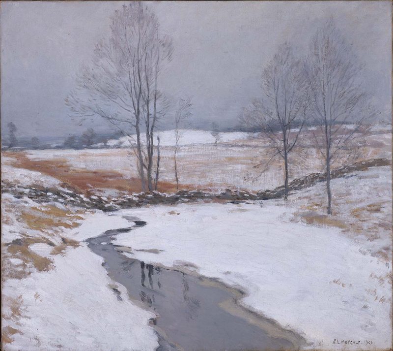 A dark stream winding through snowy fields with bare trees under a gray sky