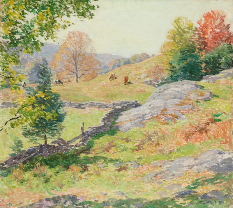 A rocky hillside pasture with a stone wall and trees turning red and gold