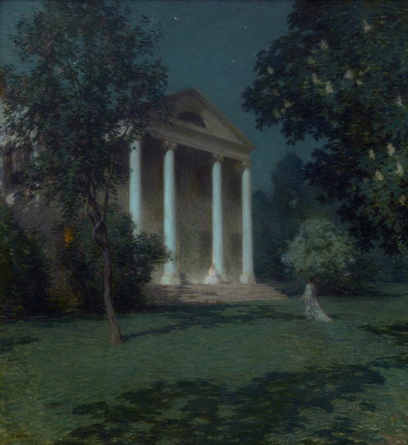 A columned white house among dark trees by moonlight, with a woman in white on the lawn