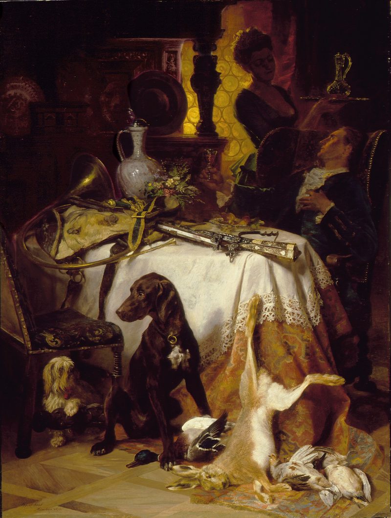 A still life of game, a hunting horn and a gun on a draped table, with a dog looking on
