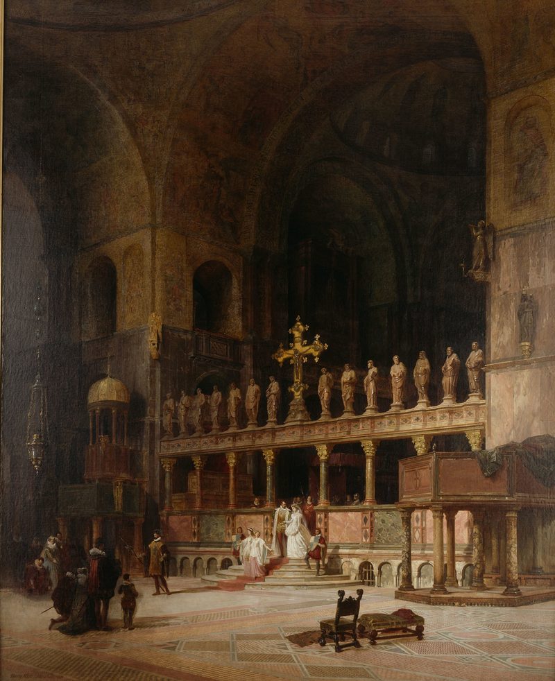 The interior of St. Mark’s in Venice, with its choir screen of statues, worshipers and a gilded vault