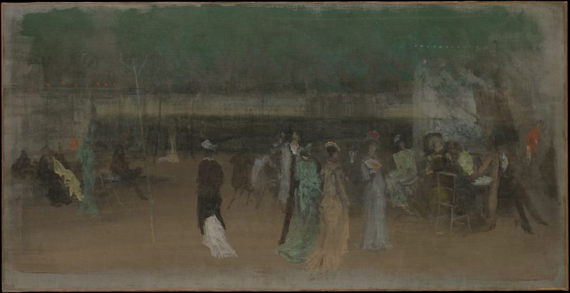 Figures strolling and seated in a pleasure garden under a gray-green sky