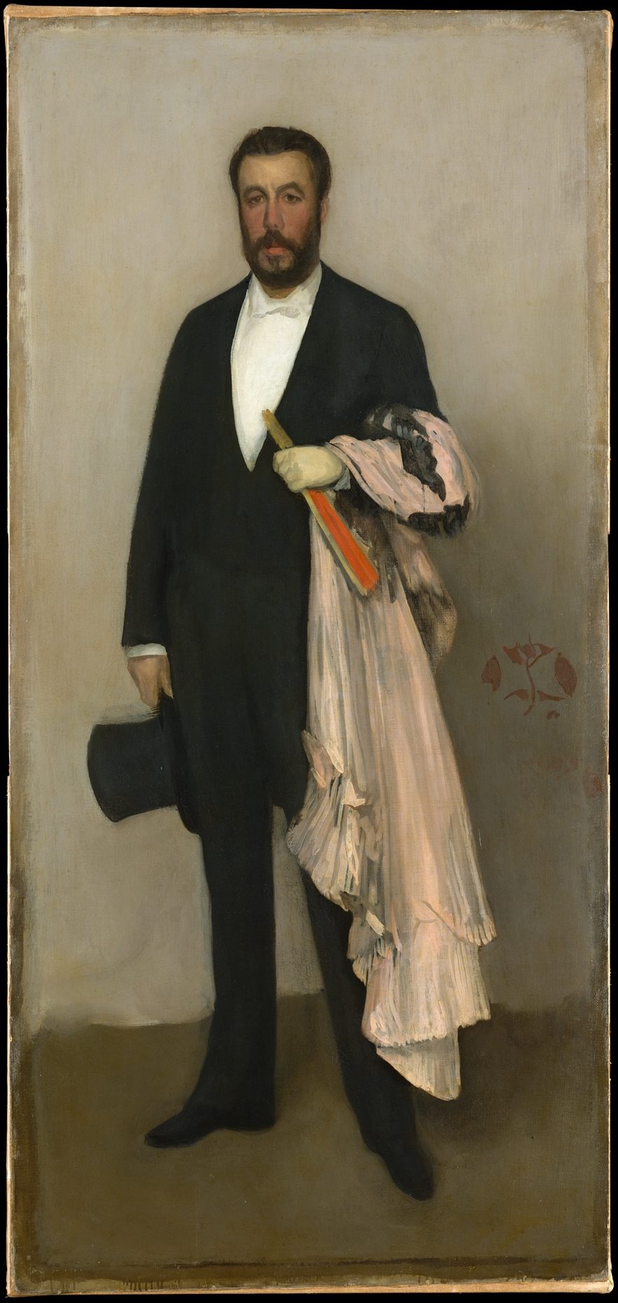 Full-length portrait of a bearded man in evening dress holding a pink cloak and a fan