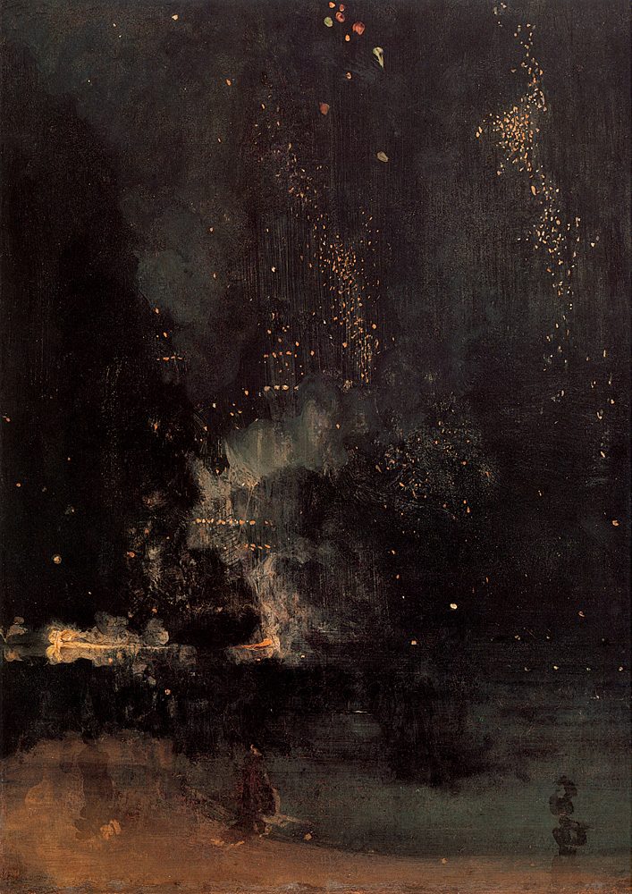 Fireworks falling in sparks through a dark night sky over a park