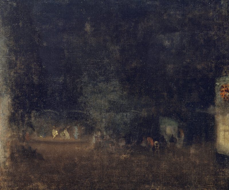 A dark green night scene of a garden with faint lights and figures