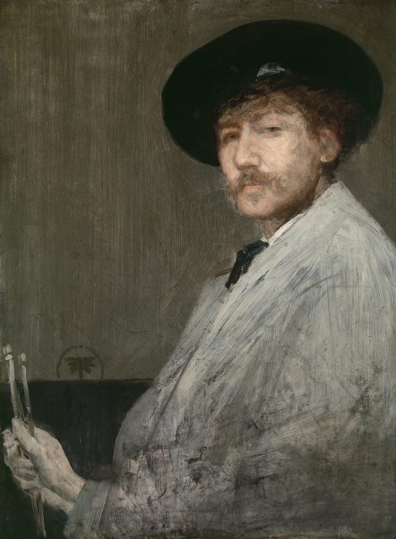 Self-portrait of a man with curly dark hair and a mustache, in a black hat and pale coat, holding brushes