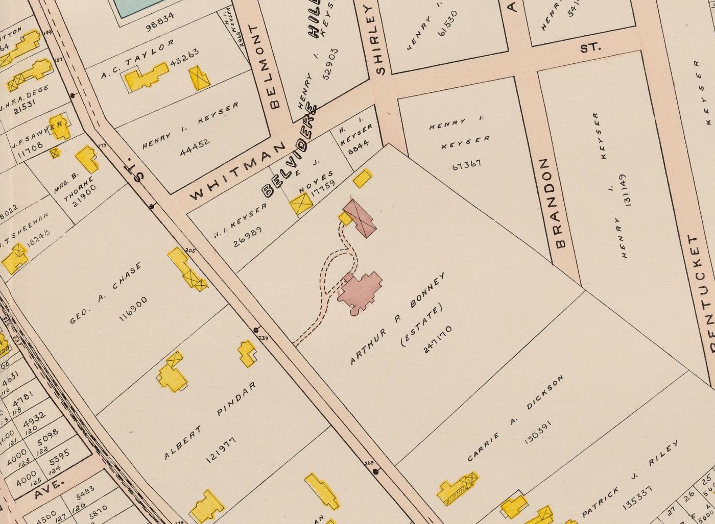 Detail of a 1906 atlas plate: a large parcel labelled Arthur P. Bonney (Estate) 247170, with a house and a smaller building near Whitman Street and a curved drive