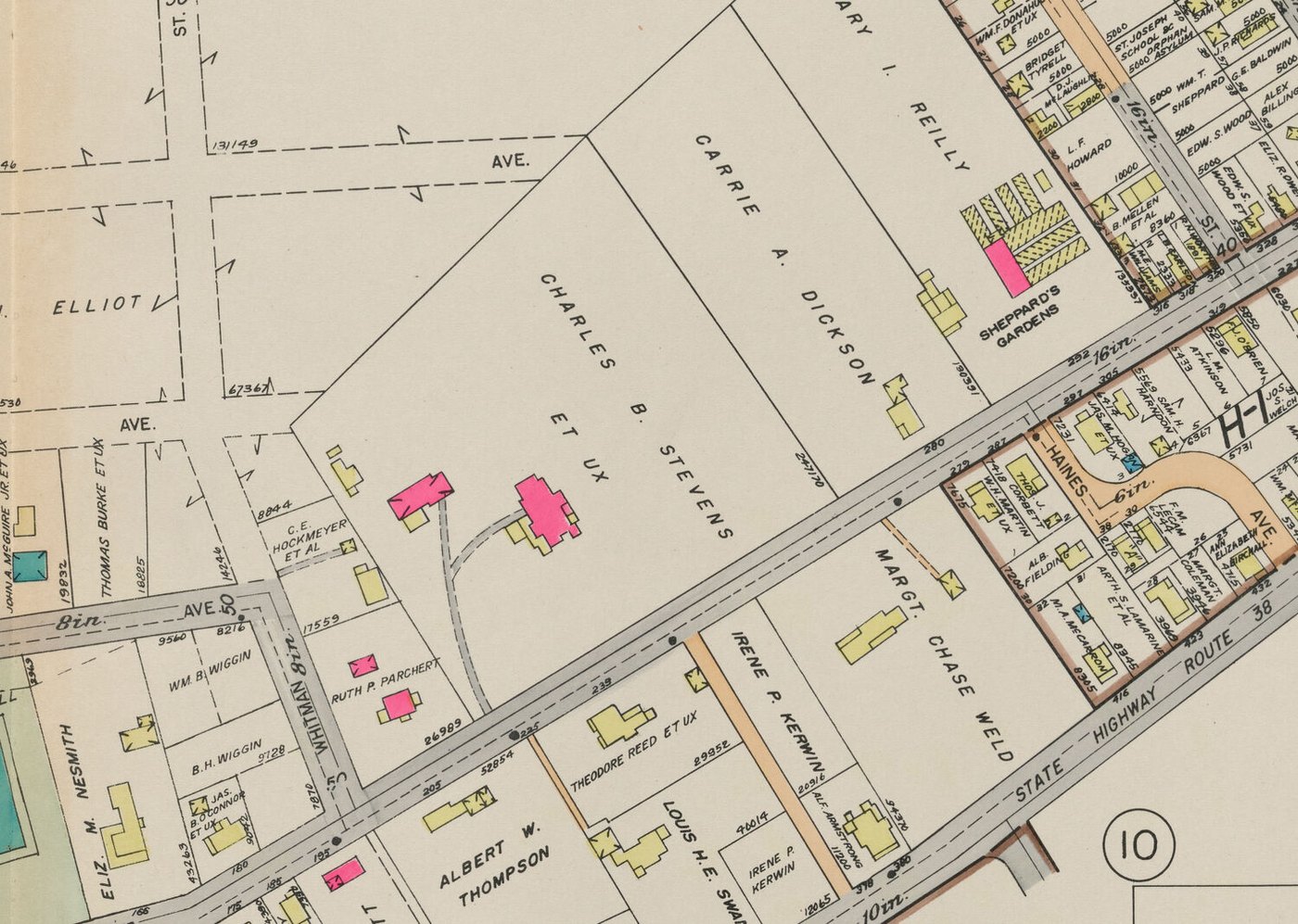 Detail of a 1936 property atlas: the same parcel labelled Charles B. Stevens et ux with two building footprints