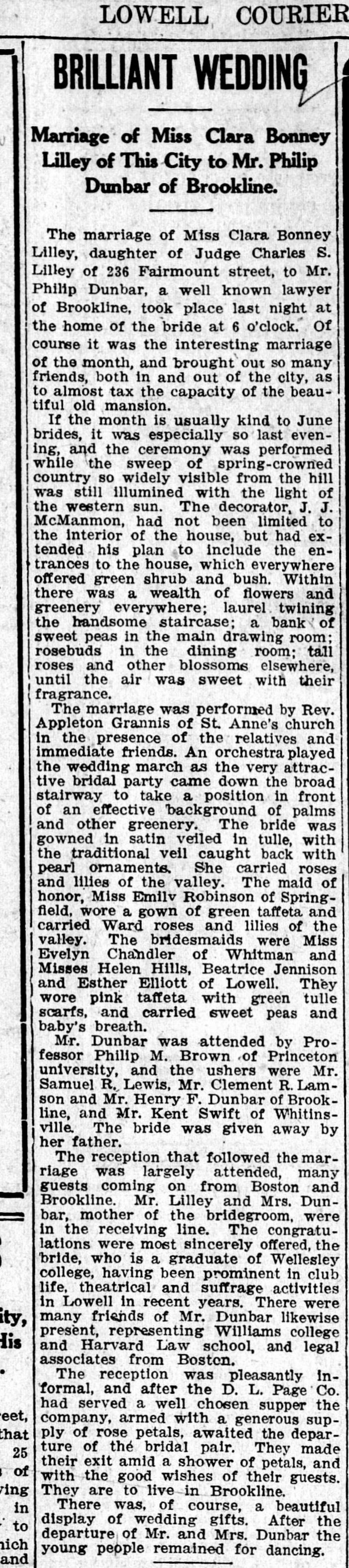 Newspaper column headed Brilliant Wedding, describing the Lilley–Dunbar marriage at the house