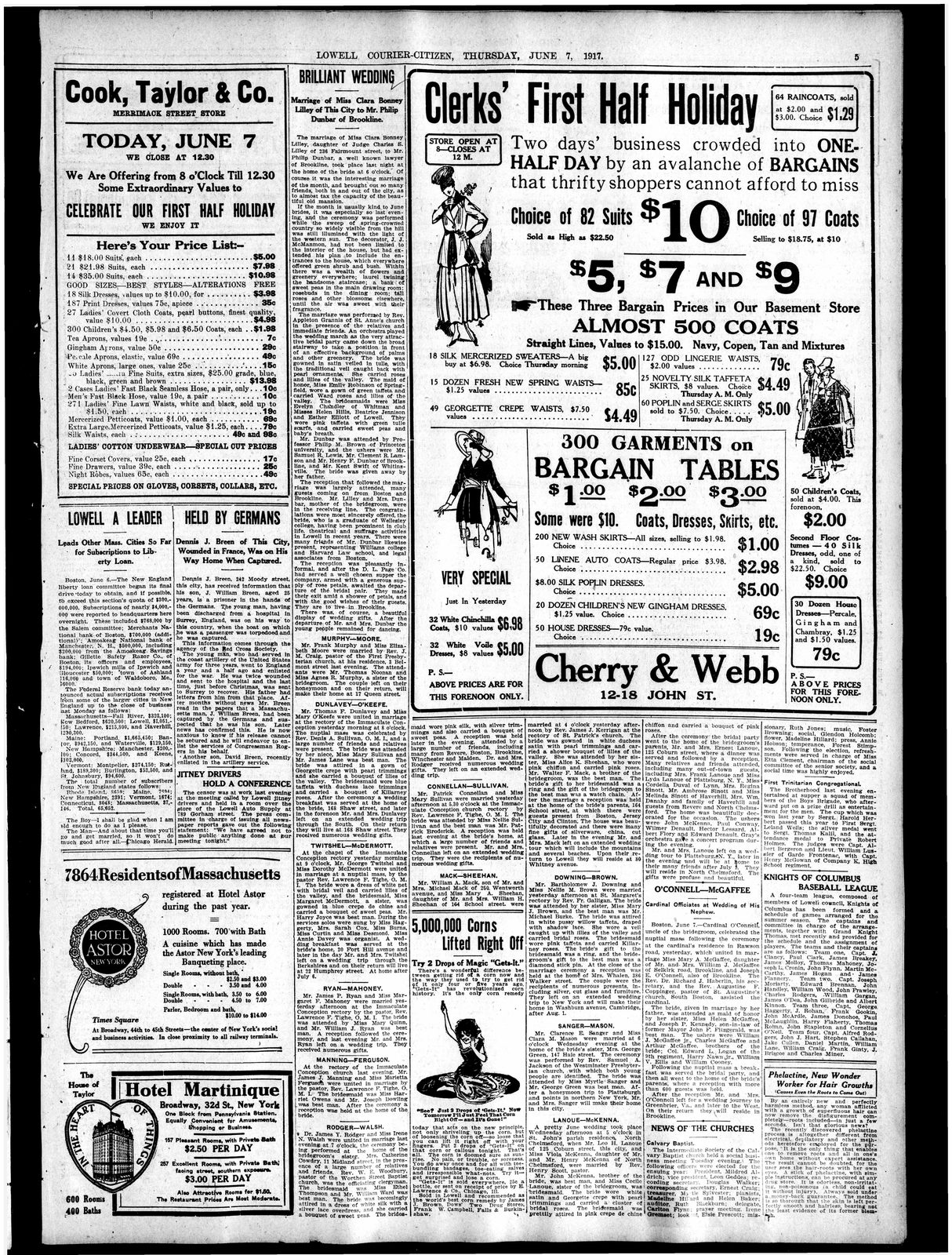 Full newspaper page of the Lowell Courier-Citizen for June 7, 1917, page 5, with store advertisements and the wedding column