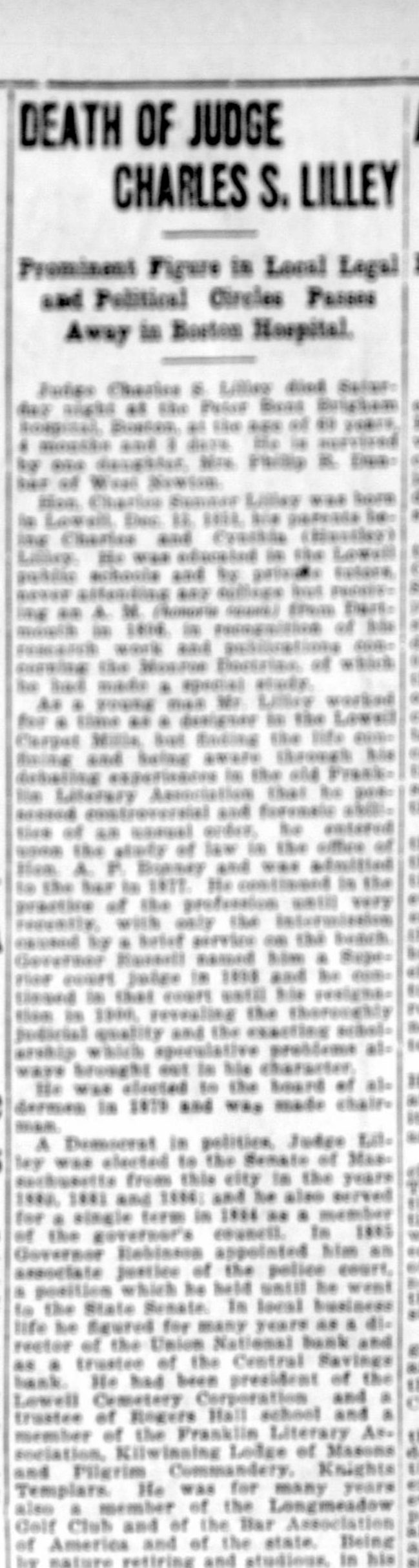 Newspaper column headed Death of Judge Charles S. Lilley, first part