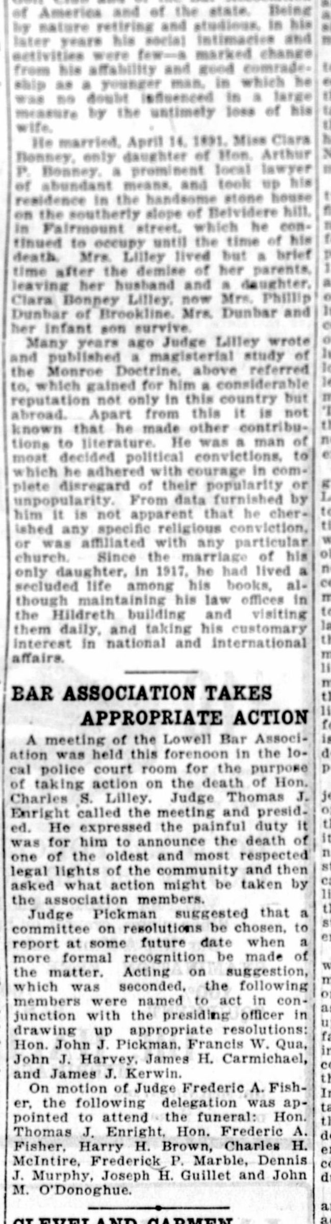 Newspaper column continuing the Lilley obituary, then the Lowell Bar Association’s meeting on his death