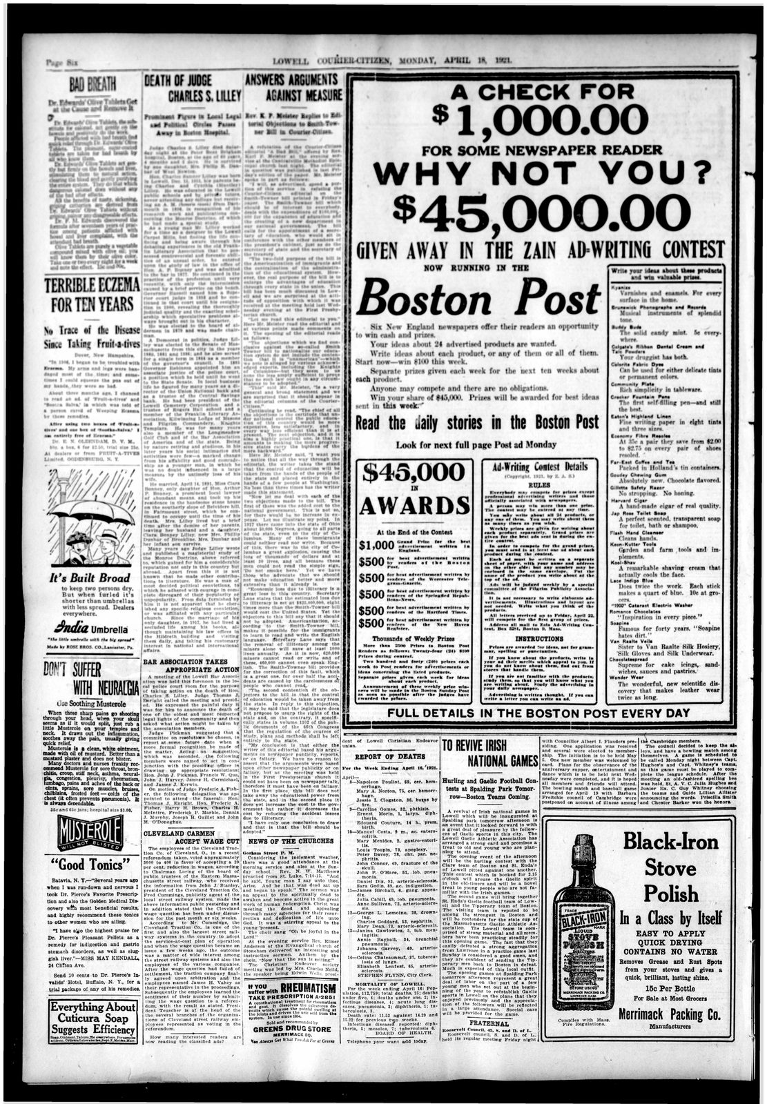 Full newspaper page of the Lowell Courier-Citizen for April 18, 1921, page 6