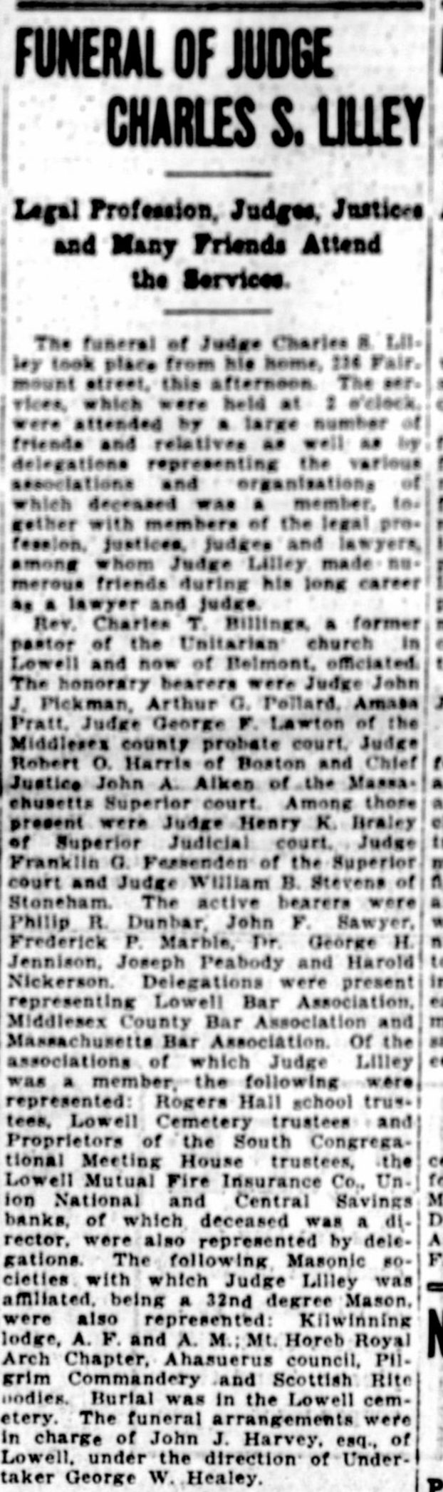 Newspaper column headed Funeral of Judge Charles S. Lilley