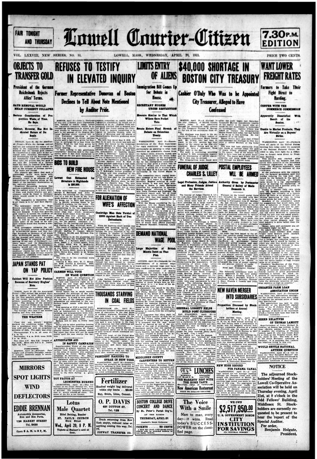 Front page of the Lowell Courier-Citizen, 7.30 p.m. edition, April 20, 1921