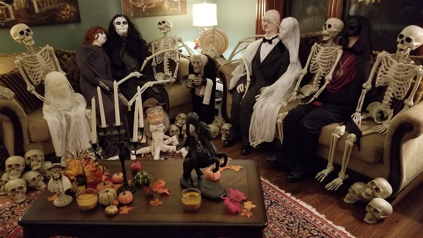 A skeleton party arranged in the living room