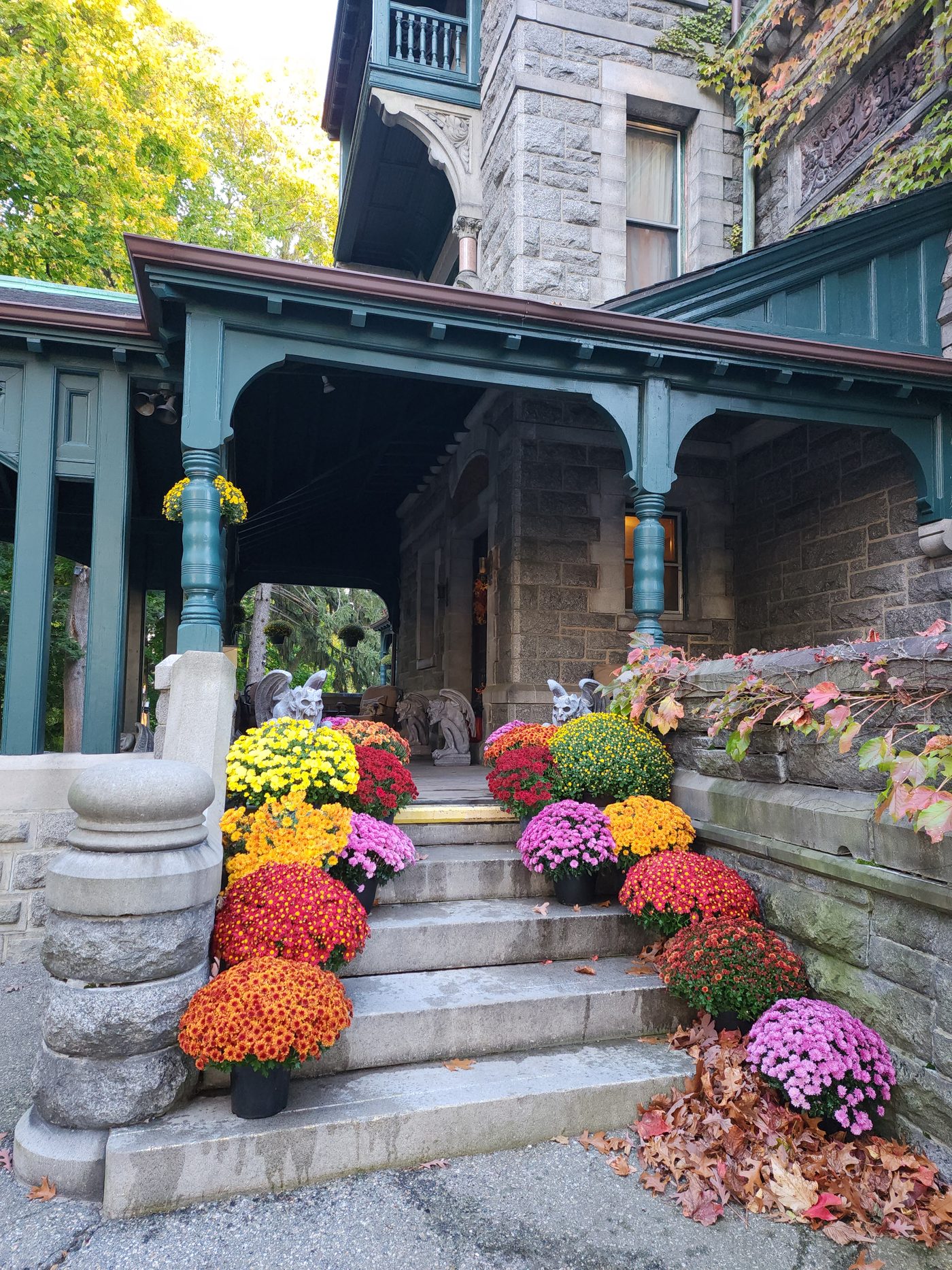 Stone steps under the porte-cochère lined with chrysanthemums