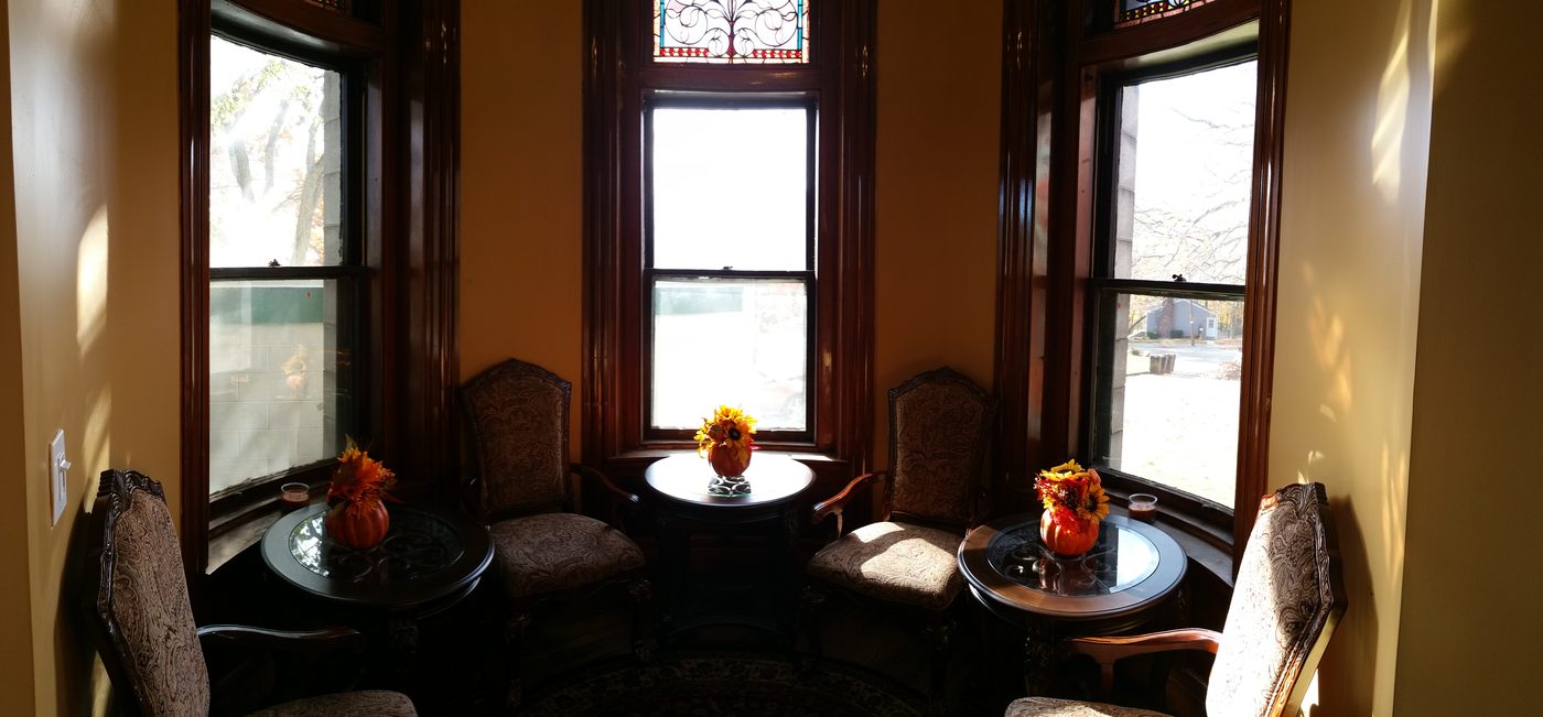 The curved sitting nook inside the tower
