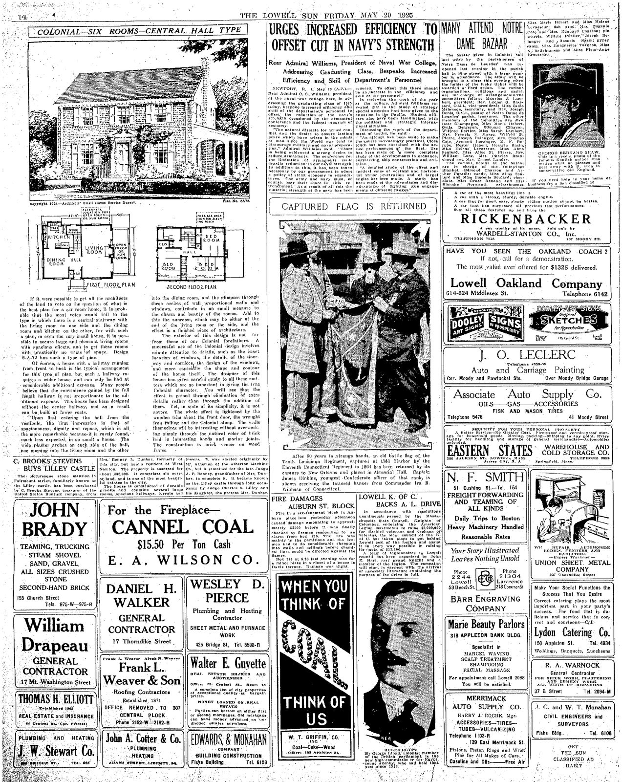 Full newspaper page of The Lowell Sun for May 29, 1925, with a house plan, a photograph of a returned battle flag and advertisements