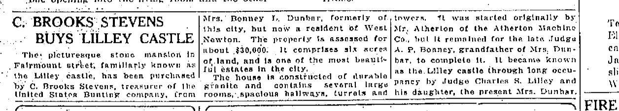 Short newspaper article headed C. Brooks Stevens Buys Lilley Castle, set across three columns