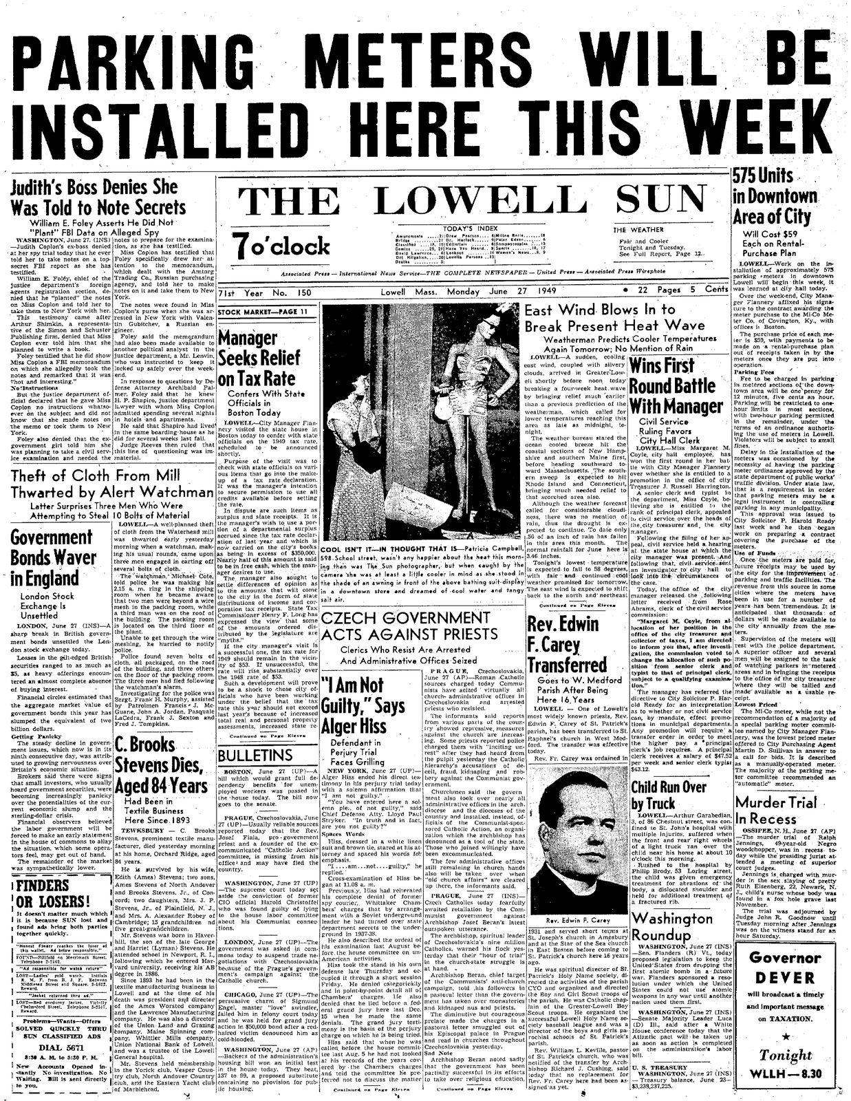 Front page of The Lowell Sun, 7 o’clock edition, June 27, 1949, headlined Parking Meters Will Be Installed Here This Week