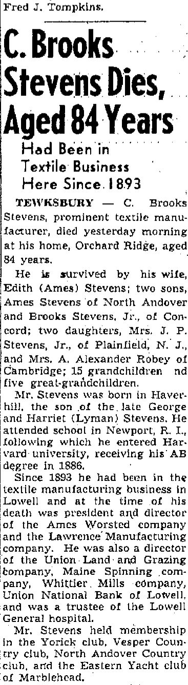 Newspaper column headed C. Brooks Stevens Dies, Aged 84 Years
