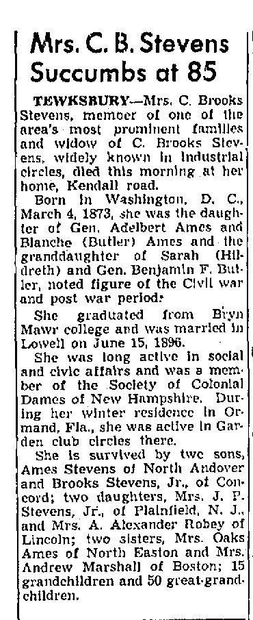 Newspaper column headed Mrs. C. B. Stevens Succumbs at 85