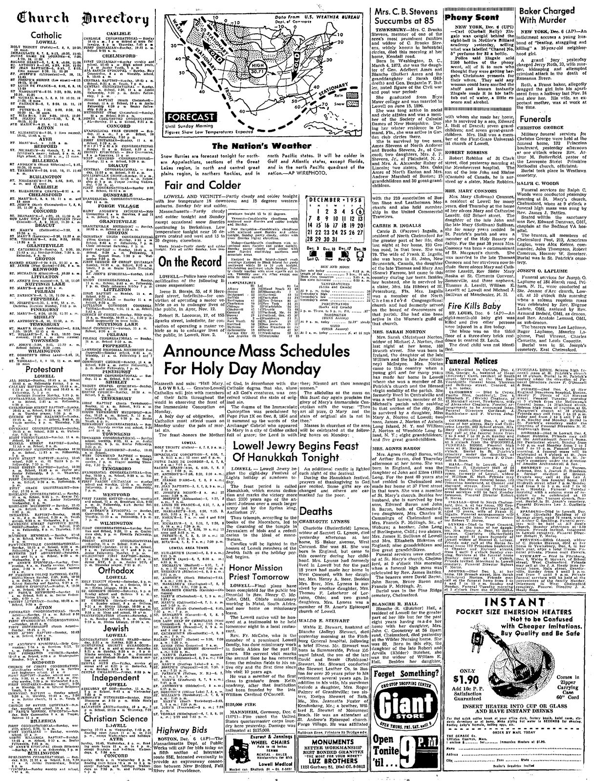 Full newspaper page of The Lowell Sun for December 6, 1958, with the church directory, a weather map and obituaries