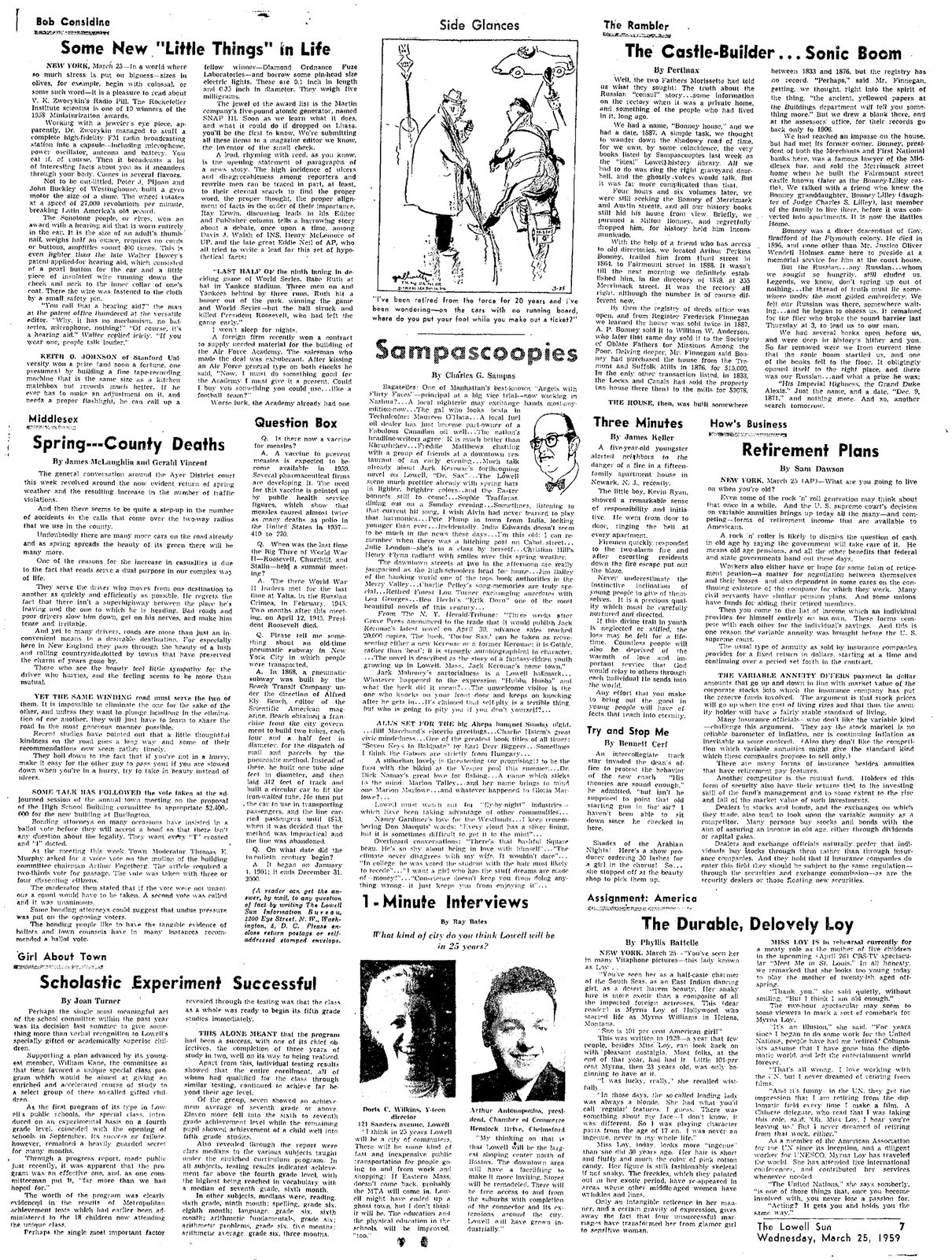 Full newspaper page of The Lowell Sun for March 25, 1959, with columns and a cartoon