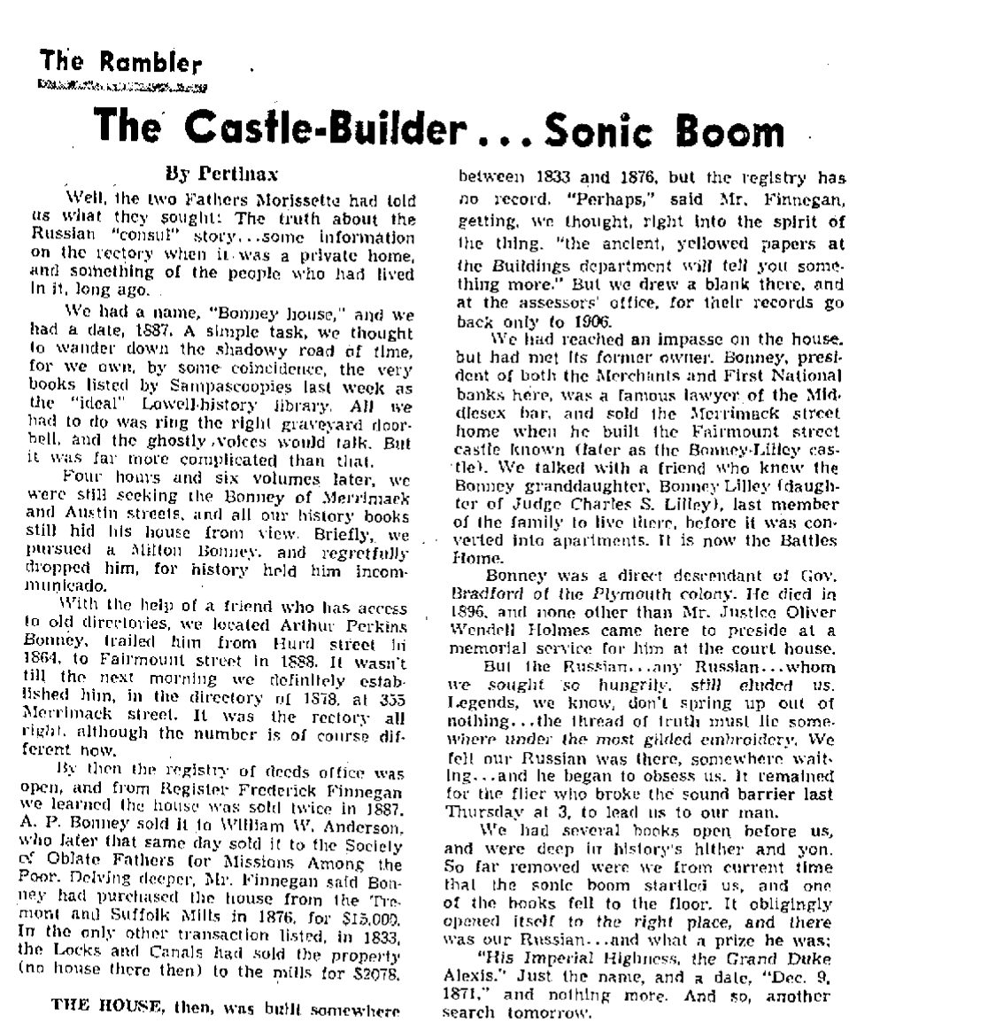 Newspaper column headed The Rambler: The Castle-Builder ... Sonic Boom