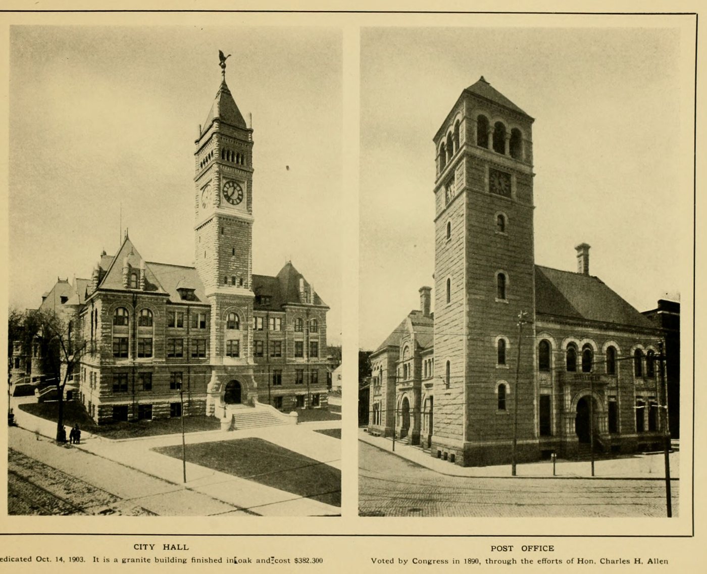 Two views: a stone city hall with a tall clock tower, and a post office with a square tower