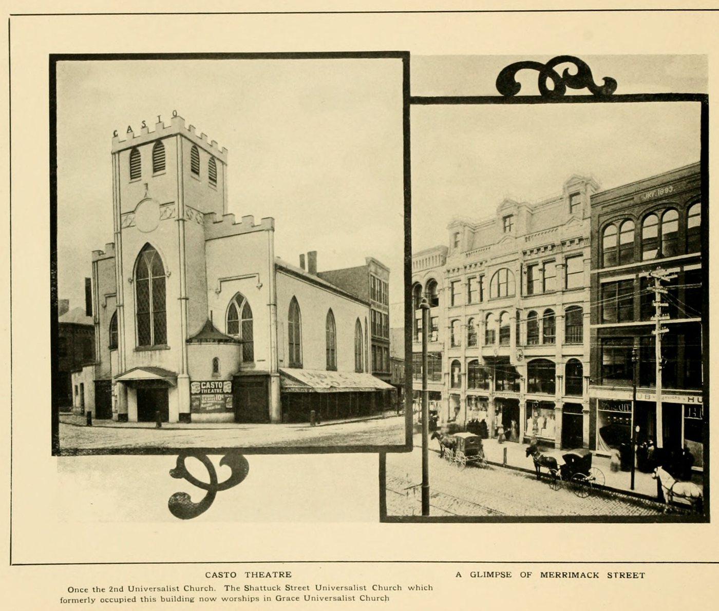 Two views: a white church-like building with a pointed window, and a street with carriages and shops