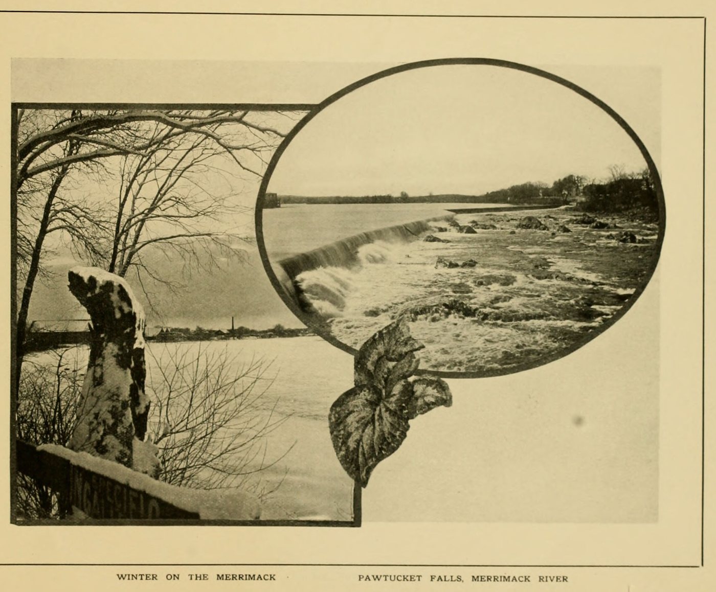 Two views: a snowy riverbank, and the falls in an oval frame