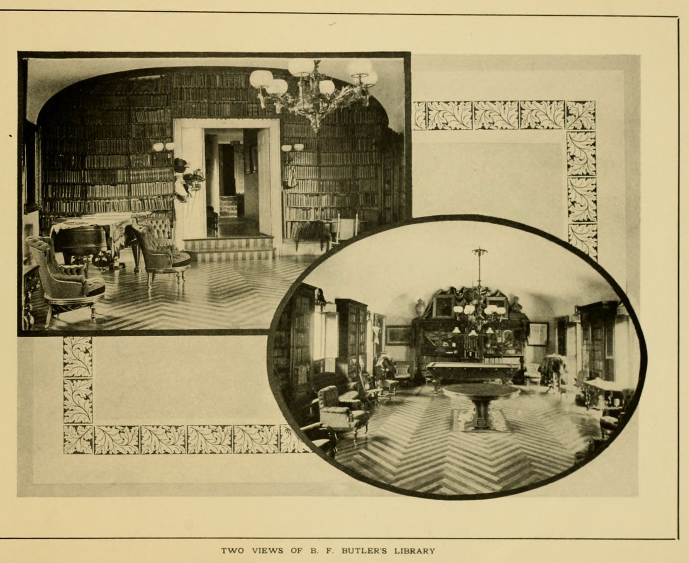 Two interior views of a book-lined library with chandeliers, armchairs and a patterned floor, one in an oval frame
