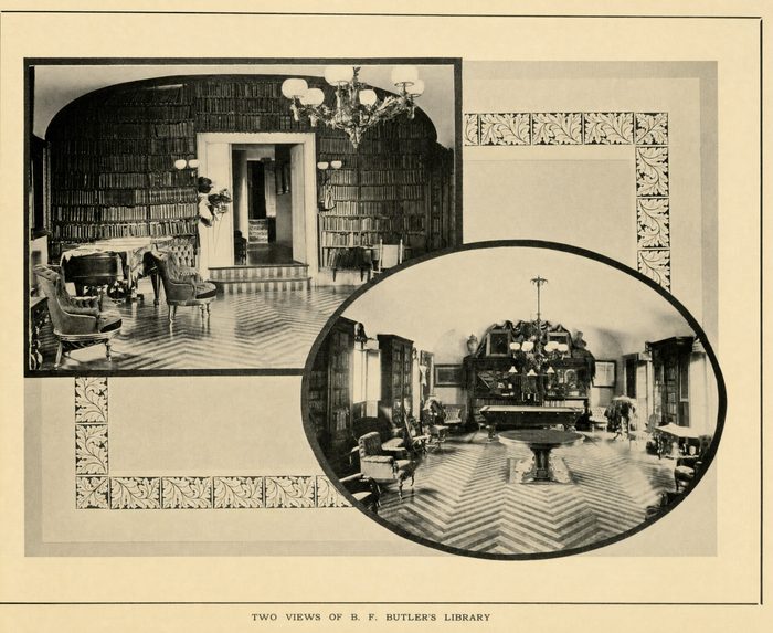 Two interior views of a book-lined library with chandeliers, armchairs and a patterned floor, one in an oval frame