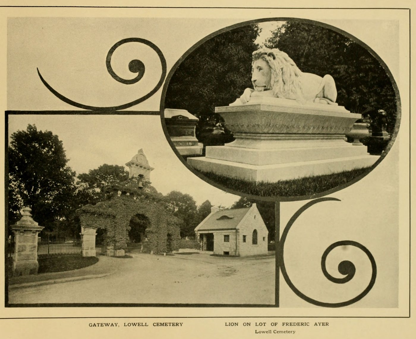 Two views: the cemetery gateway and lodge, and a carved stone lion on a monument, in an oval frame