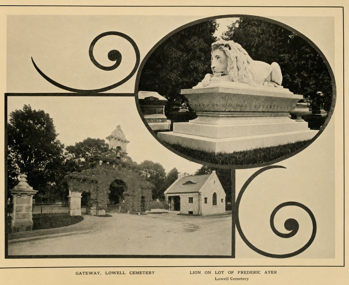 Two views: the cemetery gateway and lodge, and a carved stone lion on a monument, in an oval frame