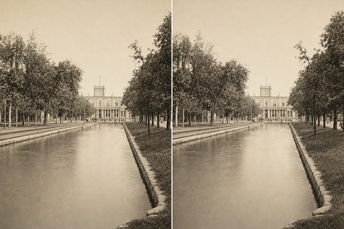 Stereograph of a straight canal lined with trees, with mill buildings in the distance