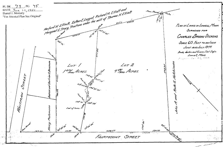 Surveyor’s plan of 1944 showing Lot 1 of 1.623 acres toward Whitman Street and Lot 2 of 4.69 acres on Fairmount Street