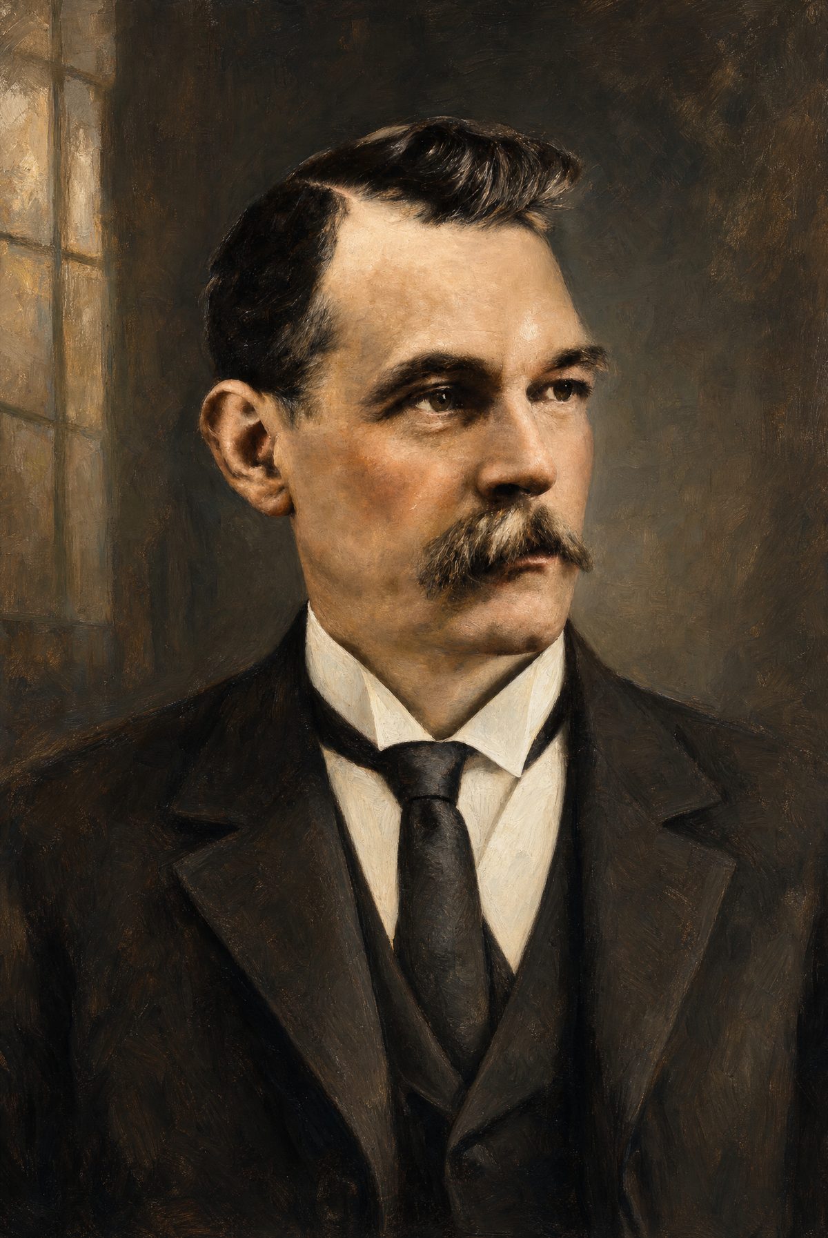 Oil-style portrait of Abel T. Atherton, the house's builder, in a dark coat
