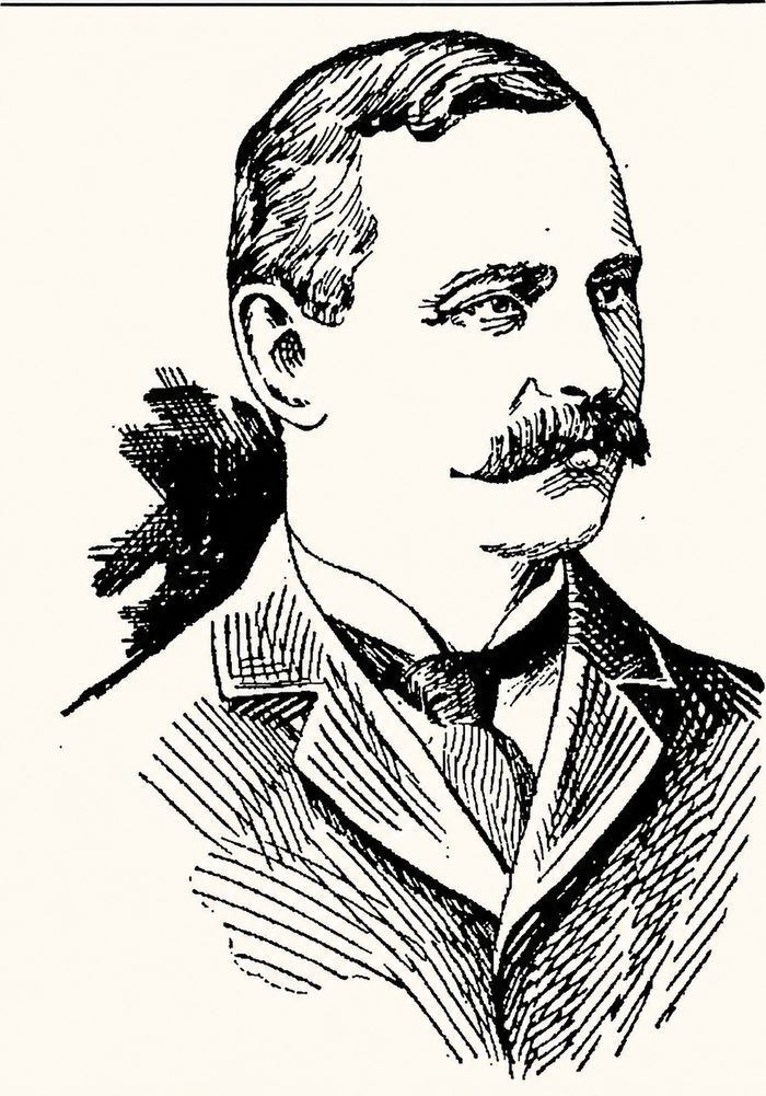 Pen drawing of a man with a full mustache and short side-parted hair, in a high collar, tie and jacket