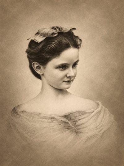 Sepia-toned portrait drawing of a young woman with upswept dark hair tied with a ribbon, in an off-the-shoulder dress, looking to her left