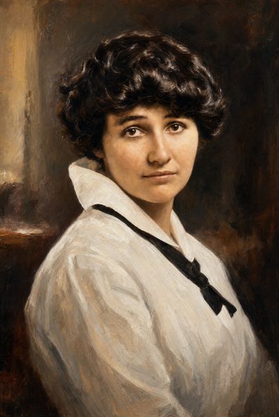 Oil portrait of a young woman with short dark curls, in a white middy blouse with a dark tie
