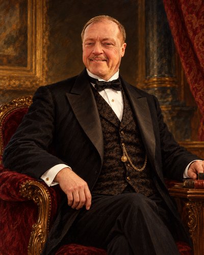 Painted-style portrait of a smiling man with a mustache in a black dinner jacket, waistcoat and bow tie, seated in a red armchair in a gilded study