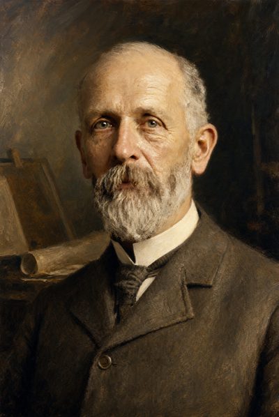 Oil portrait of a balding man with a gray beard, in a high collar, dark tie and brown coat