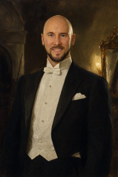 Oil portrait of a smiling bald man with a short beard, in white-tie evening dress